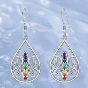 Chakra Lotus Flower Water Drop Earrings Silver with 7 Faux Gemstones Tone NWT